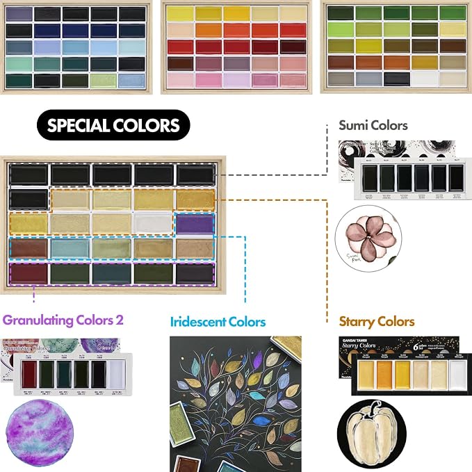 Kuretake GANSAI TAMBI Watercolor Paint Set 100 Colors with Wooden Box, Professional-quality art supplies for artists adult painting Non-Toxic, Made in Japan, MC20/100WD4