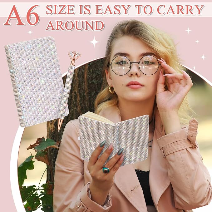 Rhinestone Pen & Glitter Notebook Set, Hard Cover Bling Diary Journal for Girls, Cute School Supplies for Back to School, Sparkly Desk Accessories Gift for Women(Rhinestone,A6,Silver)