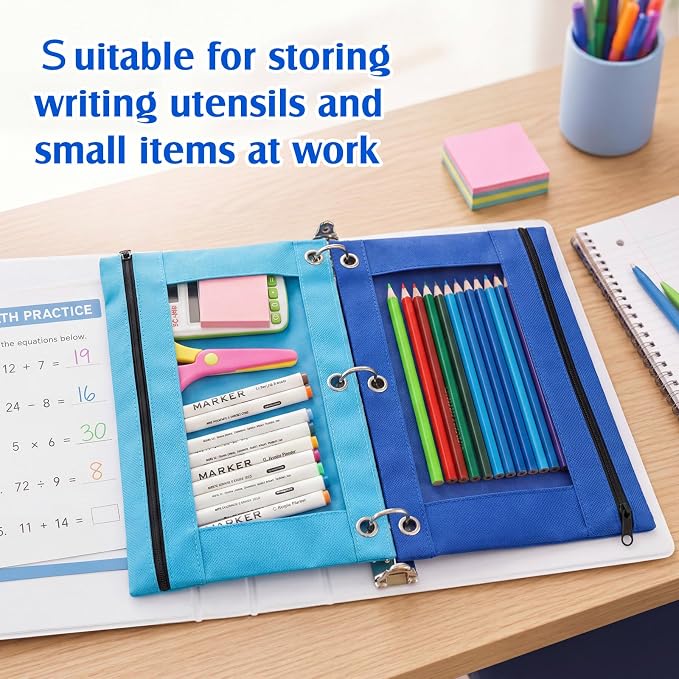 Zhehao 300 Pcs Binder Pencil Pouch Bulk Pencil Pouch for 3 Ring Binder with Zipper and Double Pocket for Writing Utensils School Supplies (Six Colors,Clear Style)