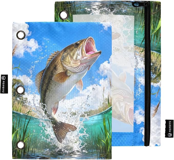 Largemouth Bass Fish Pencil Pouches for 3 Ring Binder, Zipper Binder Pencil Case, 2 Pack Clear Window Case Bag for Office Organizers