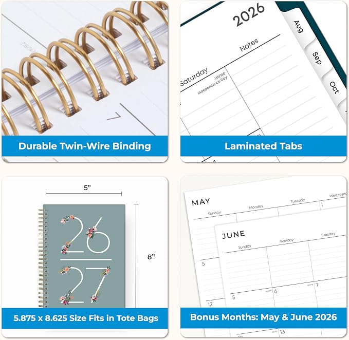 Blue Sky 2026-2027 Weekly & Monthly Academic Planner, 5.875"x8.625", Greta | July 2026 - June 2027, Flexible Cover, Wirebound, Laminated Tabs, Extra 30 Sheets of Notes, Academic Year