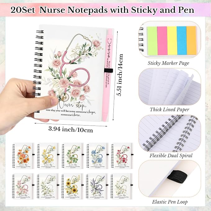 Chuangdi 20 Sets Nurses Appreciation Gifts Inspirational Pastel Notebook Journal with Sticky Notepad and Pen Bulk Nurses Thank You Gifts for Healthcare Worker Medical Practitioner