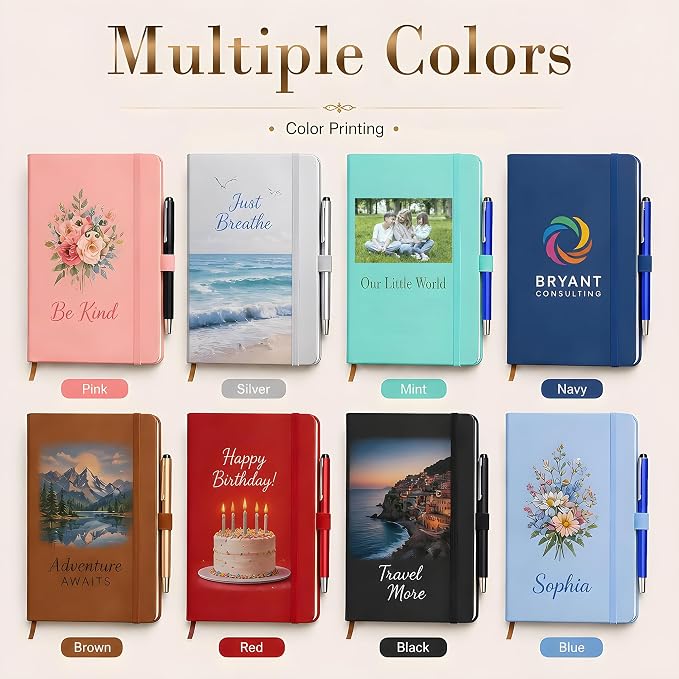 Personalized Notebook and Pen Set | A5, 200 Pages, Lined, Custom Photo, Color Printing, Leather Journal Diary Business Gifts