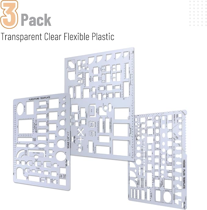 Mr. Pen- House Plan, 3 pcs, Interior Design and Furniture Templates | Clear Flexible Plastic, Drafting Tools, Ruler Shapes for Architecture, 1/4 Inch Scale, Kitchen, Bath, Bedroom, Office