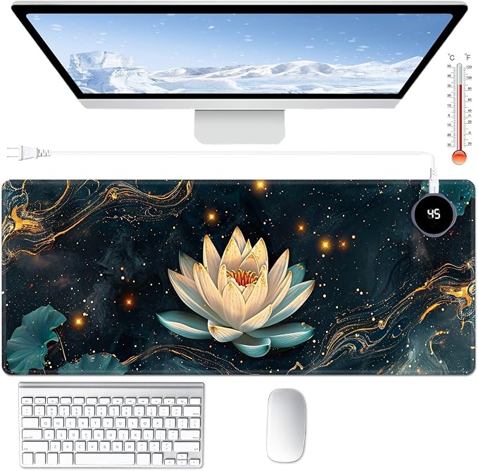 Heated Desk Pad Large Mouse Pad 31.5 x 13 inch with 3 Levels Heating & Auto Shut-Off Warm Mouse pad PU Leather Computer Mousepad for Home Office Work - Lotus Flowers