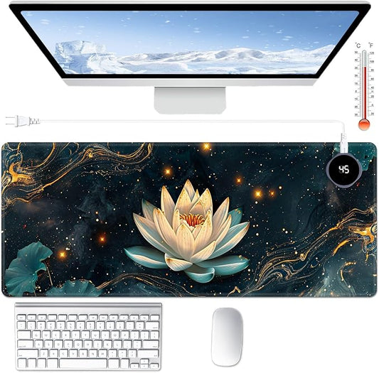 Heated Desk Pad Large Mouse Pad 31.5 x 13 inch with 3 Levels Heating & Auto Shut-Off Warm Mouse pad PU Leather Computer Mousepad for Home Office Work - Lotus Flowers