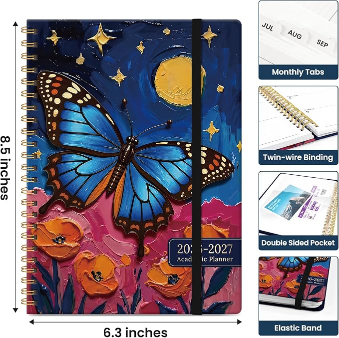 Planner 2026-2027, Academic Year Monthly and Weekly Calendar Planner, Jul 2026 - Jun 2027, Hardcover Teacher Student Planning Agenda book with Tabs, Perfect for School Office Supplies, 6.3" x 8.5" - Lunar Flight