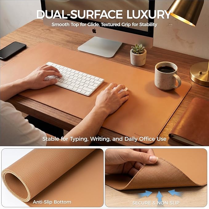 Large Desk Pad Non-Slip Desk Mat Protector for Keyboard Mouse Waterproof Vegan Leather Surface Faux Leather Laptop Mat Smooth Mouse Pad Premium Gift Tube Caramel Brown 47" x 17"