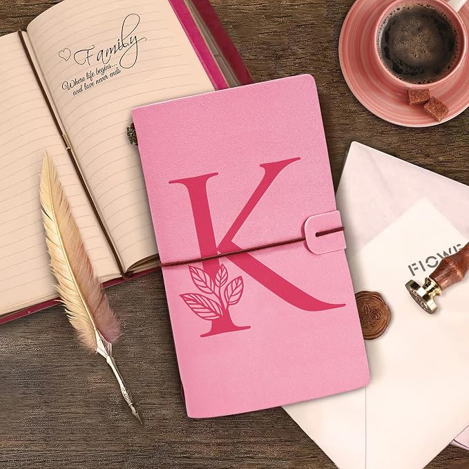 Personalized Journal Gift-Pink Initial Leather Journal+Heart Diamond Pen Set,Travel Notebook Diary Gifts,Refillable Notepads,Christmas,Birthday Gifts for Women Girls (7.9"x4.7") (K)