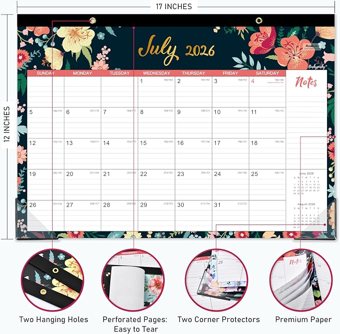 Desk Calendar 2026-2027 - 18 Monthly Desk/Wall Calendar, Jul. 2026 - Dec. 2027, 17" x 12", Thick Paper with Corner Protectors, Large Ruled Blocks - Floral