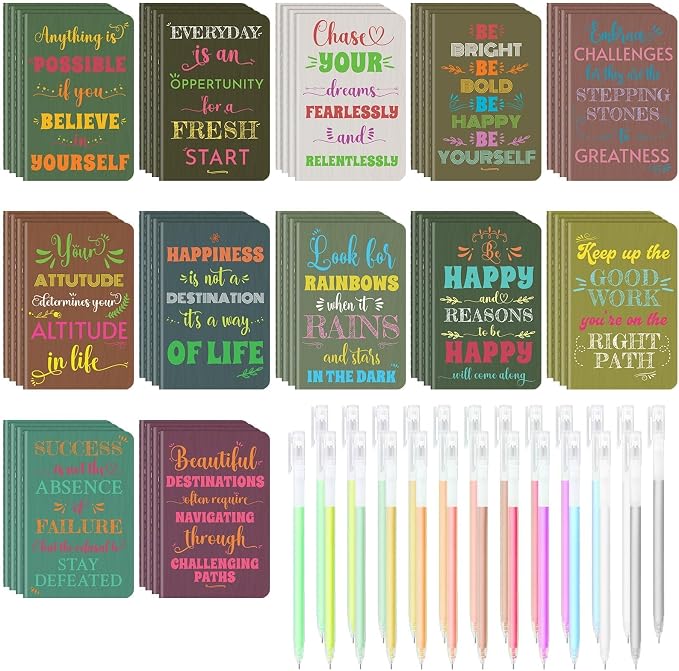48 Pcs Mini Inspirational Notebooks Bulk with 48 Colorful Pens， 3.5"x5.5" | Small Pocket Journal Notepads Set, Motivational Bulk Gifts for Women Men Teacher Students Kids, End of School Year Gift Bulk