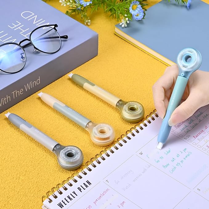 Temiary 4 Pack Correction Tape Pen, 6M/256" x 0.2" White Smooth Pull Out Tape Pens, Qucik Dry Easy to Use Applicator for Instant Corrections Study and Office Supplies (Morandi)