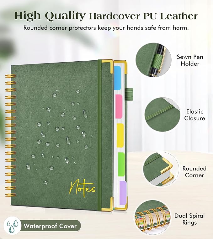 5 Subject Graph Paper Notebook with Removable Dividers Tabs, 300 Pages Hardcover Leather Grid Spiral Journal, 8"x10" B5 Large Graphing Notebooks for Women Men Work School College Engineering, Green