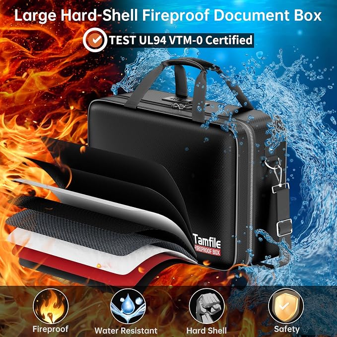 Tamfile Fireproof Document Box with Lock, Large Hard File Organizer, Black | Water Resistant, File Safe Box with 24 Colorful Pockets, Fire Safe Box for Important Documents, Valuables, Laptop, Passports