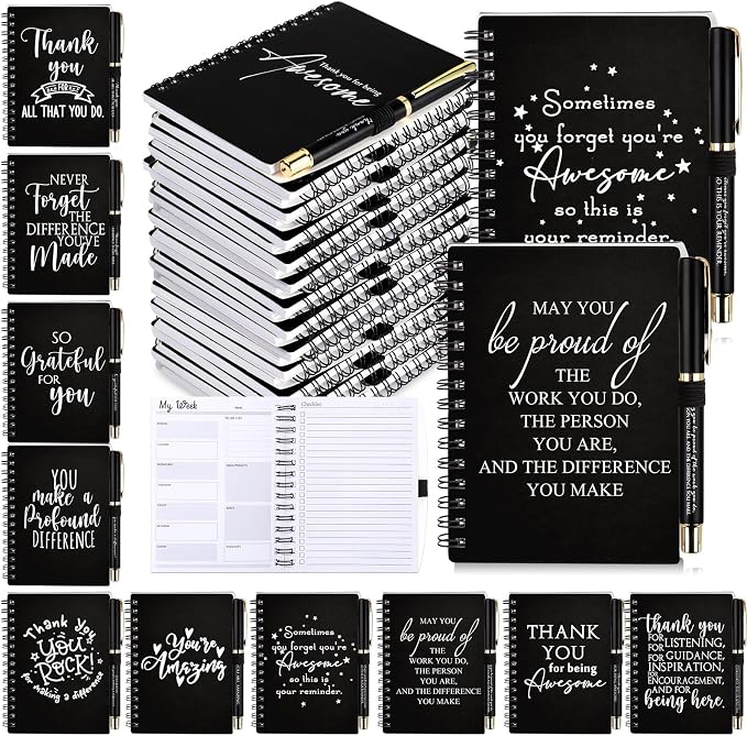 Tellingyou 20 Pcs/10 Set Team Appreciation Gifts for Employees Coworker A6 Notebook with Ballpoint Pens Thank You to Do List Notepad for Housekeeping Week Office Staff Teacher Back to School (Black)