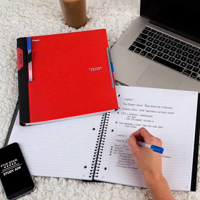 Five Star Advance Spiral Notebooks + Study App, 3 Subject, College Ruled Paper, 11" x 8-1/2", 150 Sheets, with Spiral Guard and Movable Dividers, Red, White (820111) (Pack od 6)