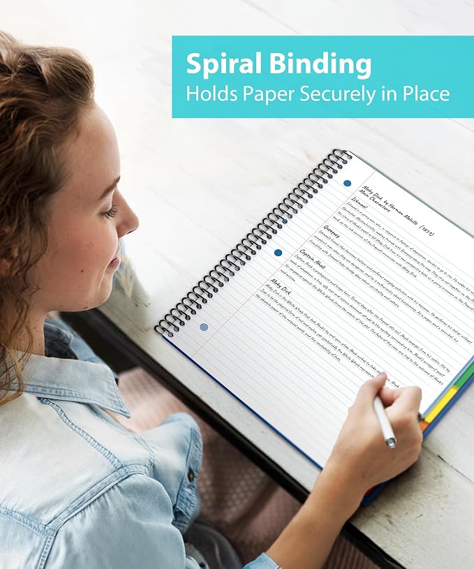 Dunwell 5-Subject Spiral Notebook, College Ruled (Blue), Colorful Movable Pocket Dividers with Tabs, Front/Back Plastic Covers, 200 Sheets (400 Pages) of 3-Hole Punch Perforated 8.5x11 Paper