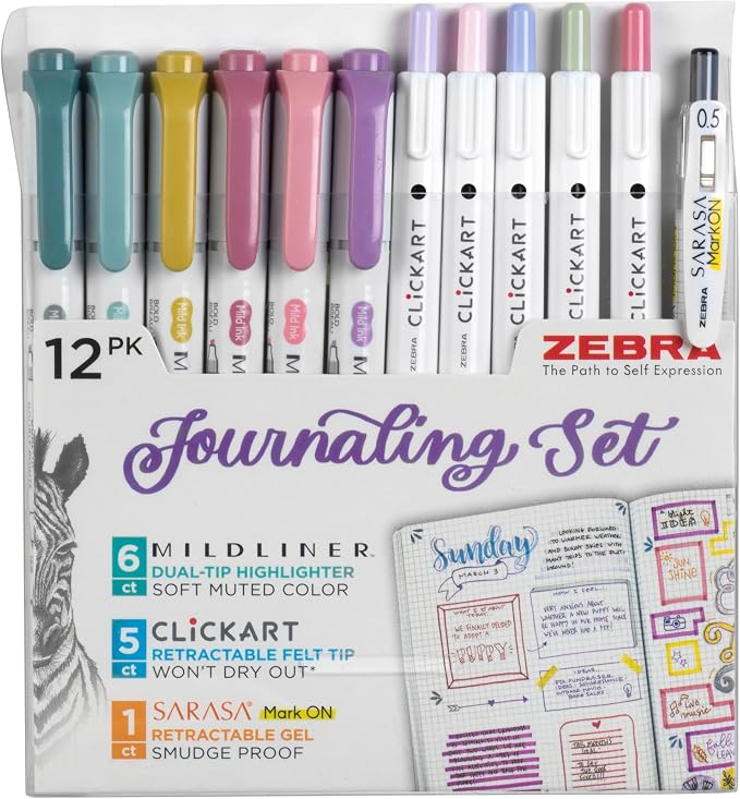 Journaling Kit: 6 Mildliner Highlighters + 5 ClickArt Markers + 1 Sarasa Mark-On Pen by Zebra Pen