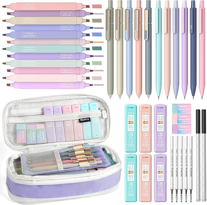 Nicpro School Supplies Stationary Set with Pencil Case, 39 PCS Purple | Back to Schoo Supplies, Pen Case with 12 Highlighter, 5 Gel Pen, 6 Mechanical Pencil, Essentials for College, Nursing Student