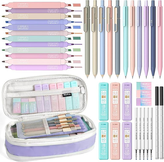 Nicpro School Supplies Stationary Set with Pencil Case, 39 PCS Purple | Back to Schoo Supplies, Pen Case with 12 Highlighter, 5 Gel Pen, 6 Mechanical Pencil, Essentials for College, Nursing Student