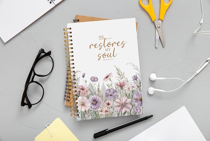 Christian Notebook for Women, Christian Gifts Journal, Prayer Journal for Women, Bible Journaling Notebook, PSALM 23:3 He Restores My Soul Floral Spiral Notebook 5.5x8.3