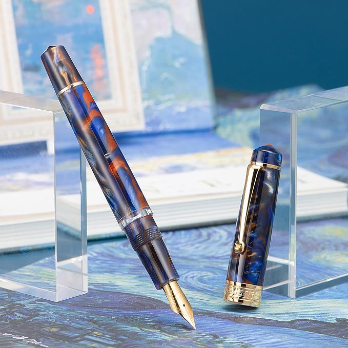 Asvine P20 Piston Fountain Pen Purple Resin, Iridium Medium Nib Gold Trim Business Signature, Smooth Writer Collection with Case Set