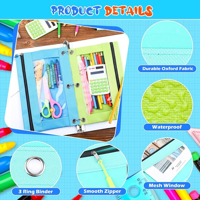 Zhehao 100 Pcs Zipper Binder Pencil Pouches:3 Ring Binder Pencil Pouches with Zipper Window Bulk Clear Pen Bags Case for Office School Classroom Supplies(Single Layer,8 Colors)