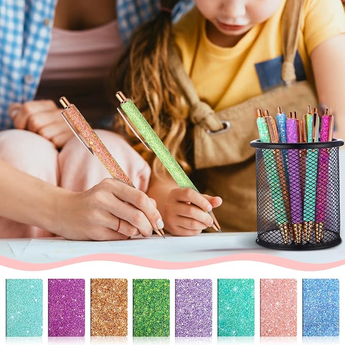Sayglossy 16 Pack Glitter Pens and Notepads Set 8 Mini Glitter Pocket Notebooks 8 Fancy Sparkly Ballpoint Pens Stationery Gifts for Women Teacher Journaling School Office Supplies (Classic Color)