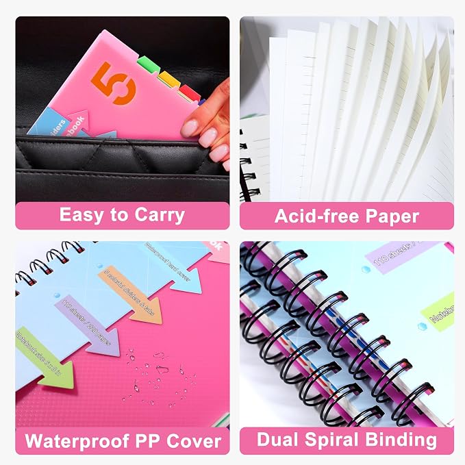 CAGIE 5 Subject Notebook, Small Spiral Notebook with Tabs | 6.1'' x 8.2'', A5 Spiral Notebooks College Ruled for Women, 240 Pages Note book for School Note Taking, Rose Pink