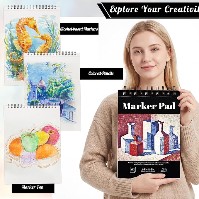 A4 Marker Paper Pad, 40 Sheets, 8.3 × 11.7 in, 120gsm, Spiral Bound | Bleed-Resistant Acid-Free Paper, Smooth for Alcohol Markers, Tear-Out Pages, Lays Flat, for Sketching And Coloring