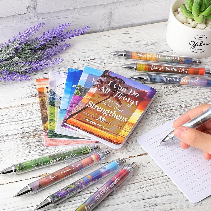 Colarr 12 Sets Christian Bulk Gifts for Women Bible Verse Pens Notebooks Religious VBS Scripture Ballpoint Pens Bookmarks Journal for Easter Sunday School Church Inspirational Supply(Scenery)