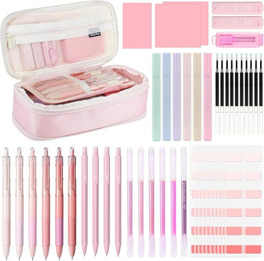 MoKo Pencil Case with Supplies, 49Pcs Aesthetic School Set, Pink | Includes gel pens, highlighters, 0.5 mm mechanical pencils and refills, an eraser, sticky notes and index tabs.