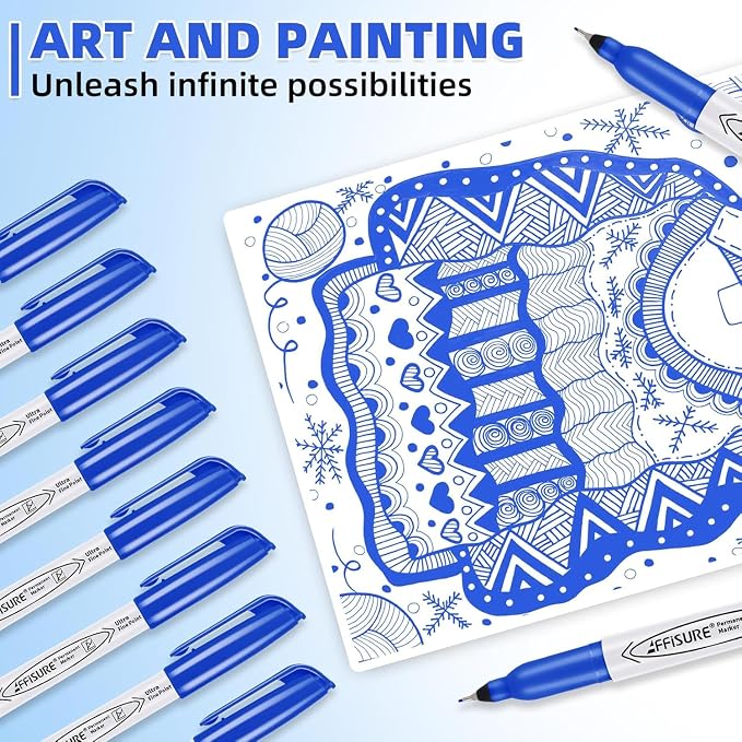 Blue Ultra Fine Point Permanent Markers, 18 Pack, 0.4 mm, Precision Extra Fine Tip for Detailed Writing, Art, Crafts & Labeling on Paper, Plastic, Glass, Metal, Waterproof, Fade-Resistant Ink