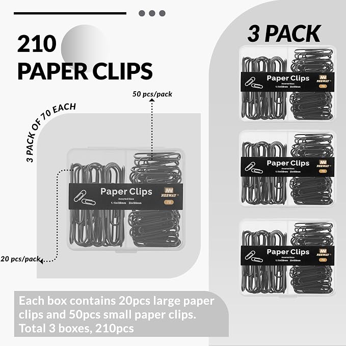 NEEWAY Colorful Paper Clips Assorted Sizes, Small and Large Paperclips, 210 Count, 3 Pack of 70 (Black)