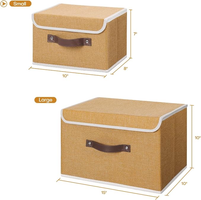 ANMINY 4PCS Storage Bins with Lid PU Leather Handles Storage Boxes PP Plastic Board Decorative Foldable Lidded Cotton Linen Fabric Home Cubes Baskets Closet Organizer Containers - Khaki, Small Size