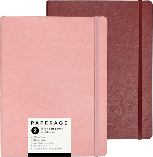 PAPERAGE 2-Pack Softcover Lined Journal Notebook (Blush & Burgundy), 176 Pages, Large B5 College Ruled Notebook, 7.6 inches x 10 inches - 100 GSM Thick Premium Paper, Leather Journal for Home, Work & School
