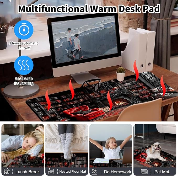 Warm Desk Pad,Heated Desk Pad,Office Mat,3 Heating Levels & 3 Hours Auto Shut-Off,31.5"*13" Gaming Mouse Laptop Keyboard Leather Desk Mat,Retro Bookshelf Red