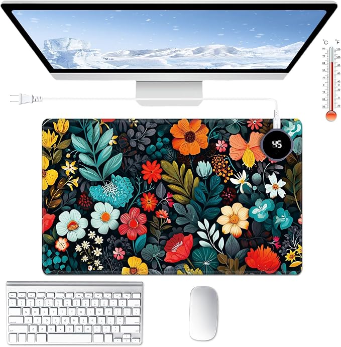Heated Desk Pad Large Mouse Pad 23.6 x 14.1 inch with 3 Levels Heating & Auto Shut-Off Warm Mouse pad PU Leather Computer Mousepad for Home Office Work - Colorful Flowers and Leaf