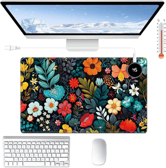 Heated Desk Pad Large Mouse Pad 23.6 x 14.1 inch with 3 Levels Heating & Auto Shut-Off Warm Mouse pad PU Leather Computer Mousepad for Home Office Work - Colorful Flowers and Leaf