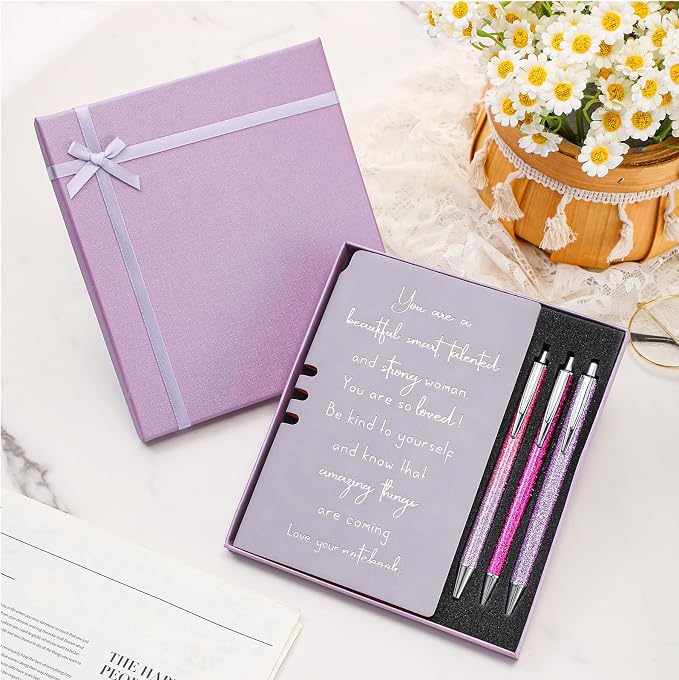 Resurhang 5 Pcs Inspirational Journal for Women Employee Appreciation Gift A6 Leather Journal Glitter Ballpoint Pen with Box for Back to School Teacher Coworker Female Secretary Nurse(Purple)