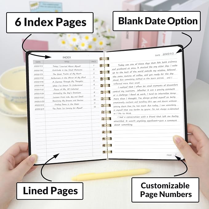 SUNEE Lined Spiral Journal Notebook for Women, 146 Pages College Ruled Hardcover Journaling Notebook for Work, Note Taking and Office School Supplies, A5 -Black