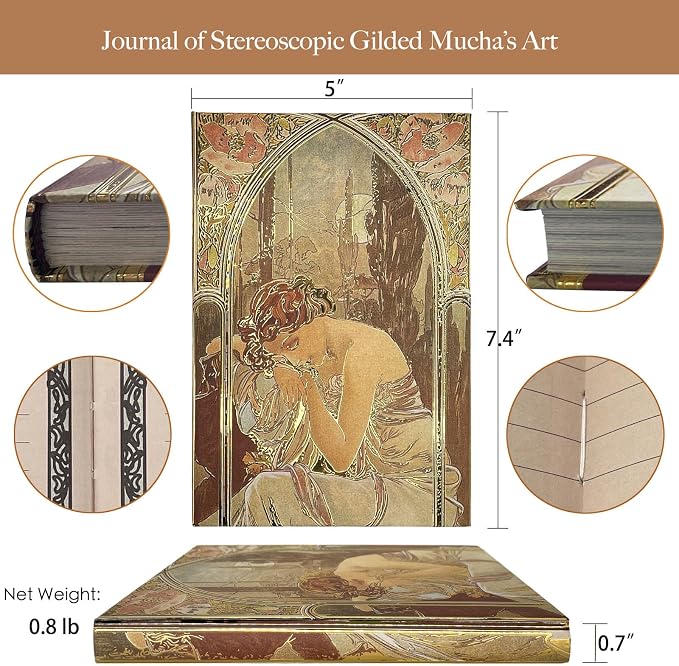 Pretty Notebook, Cute Journal, Journal for Women, Hard Cover Journal Notebooks, 5x7 Small Beautiful Journal, Fancy Notebook, Alphonse Mucha Night's Rest, Gilded Aesthetic Notebook.