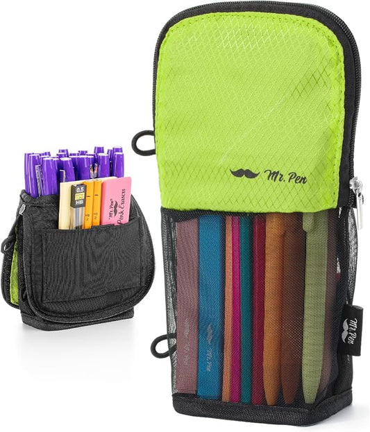 Mr. Pen- Standing Pencil Case Pouch, Sit & Lay Mesh-View Design | Black & Lawn Green, Interior Pocket & 2 Elastic Binder Loops, Cute Pencil Case for Girls and Boys