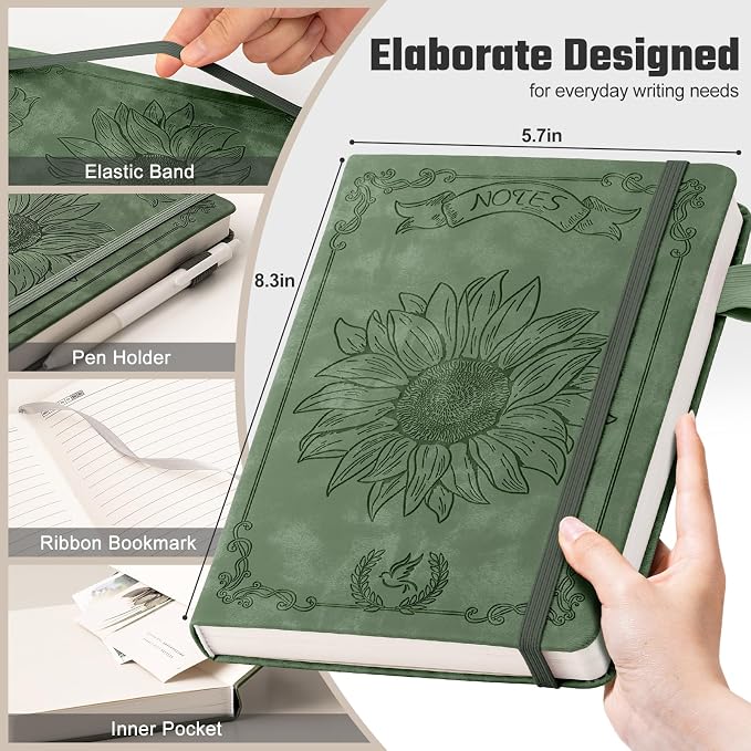 Ovesmusl Sunflower Journal for Girls Women Journals for Writing 100GSM College Ruled A5 Leather Notebook for Girls Ages 8-12 Flower Diary with Heart-Shaped Shadow, 5.7" x 8.3", Green