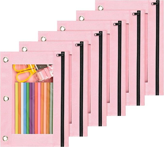 Lanpn Pencil Pouch for 3 Ring Binder 6 Pack, Pink Binder Pen Bags with Zipper, Cute 3 Holes Pencil Pouches Organizer for Boy Girl Kids School Student, Reinforced Grommets & Clear Window