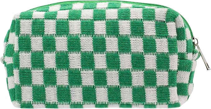 PAZIMIIK Checkered Makeup Bag for Purse, Small Travel Cosmetic Pouch,Green | Cute Zipper Makeup Organizer for Women, Travel Essentials, Toiletries, Makeup Brushes, Beauty Accessories&Bridesmaid Gifts