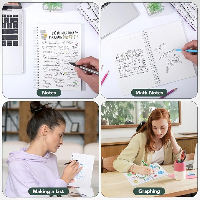 BESARME 4 Pack A5 College Ruled Spiral Notebooks, 5.7 x 8.22 Inch | 100gsm thick paper, waterproof cover, ruler insert, twin-wire binding, 160 pages each, for school or work