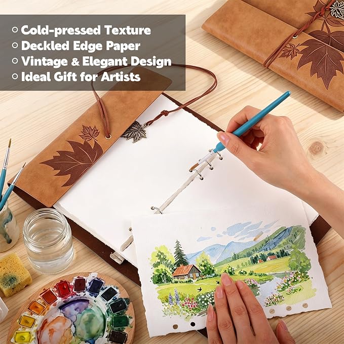 Watercolor Journal, 24 Sheets, 5.5 x 8.1 in, Khaki Leather Cover | Cold Press Deckle Edge Paper, Ring Binder, Mixed Media Sketchbook, Portable for Travel and Class