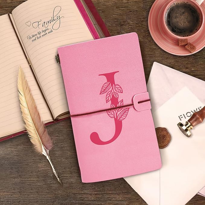 Personalized Journal Gift-Pink Initial Leather Journal+Heart Diamond Pen Set,Travel Notebook Diary Gifts,Refillable Notepads,Christmas,Birthday Gifts for Women Girls (7.9"x4.7") (J)