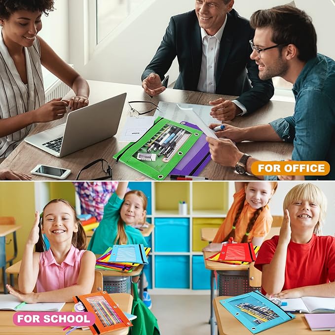3 Ring Binder Pencil Pouch, 120 Pack Bulk Zipper Pencil Cases with Clear Window, 6 Color Cloth Binder Pouches with 3 Holes, Durable Pencil Bags for Classroom School Office Supplies
